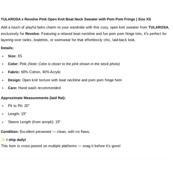 TULAROSA x Revolve SZ XS Pink Open Knit Boat Neck Sweater With Pom Pom Fringe - Picture 6 of 6